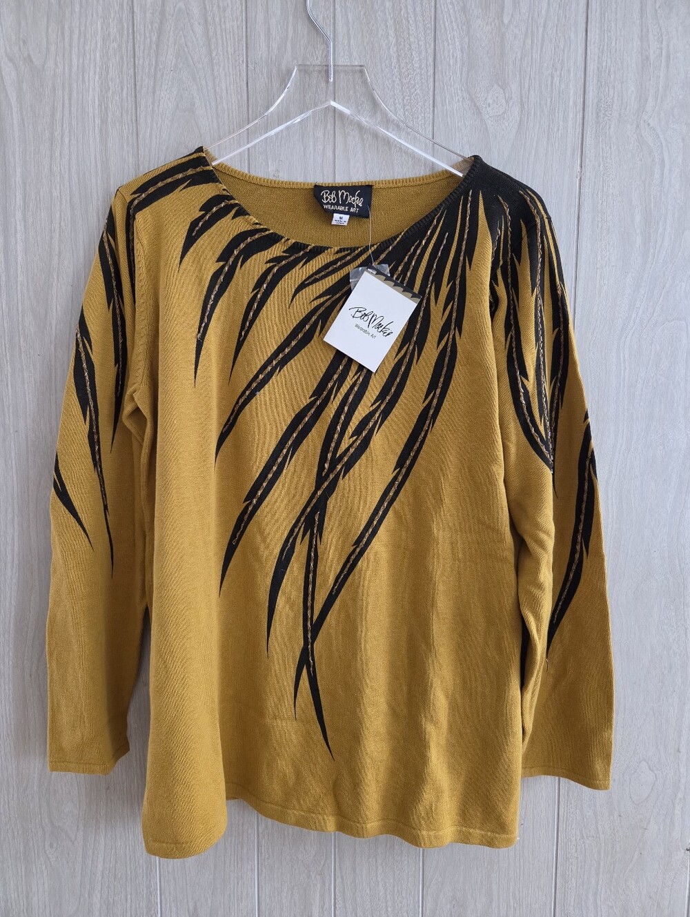NWT Bob Mackie Wearable Art Mustard Yellow Beaded Knit Top Sweater M